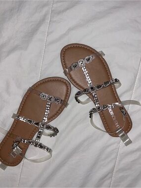 Fashion Nova Tan Jeweled T-Strap Sandals